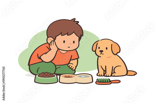 Fresh child learns pet care by observing feeding bowls and brushes, listening closely while a calm pet waits nearby today gently.