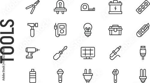 Tools icons set for construction and repair, including hammer, drill, screwdriver, and pliers