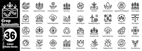 Crop sustainability and agriculture icons. Green farming practices vector illustrator.