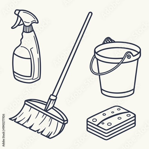 Set of cleaning supplies isolated on white background including broom spray bottle bucket and sponges for home hygiene and housekeeping tasks