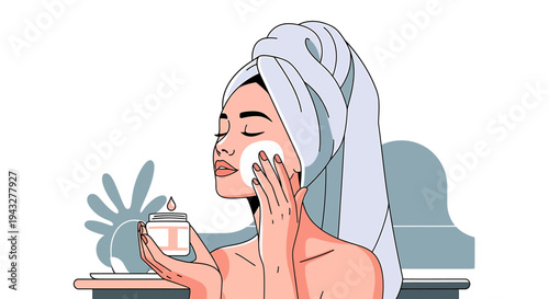 Woman applying cream skincare routine beauty illustration