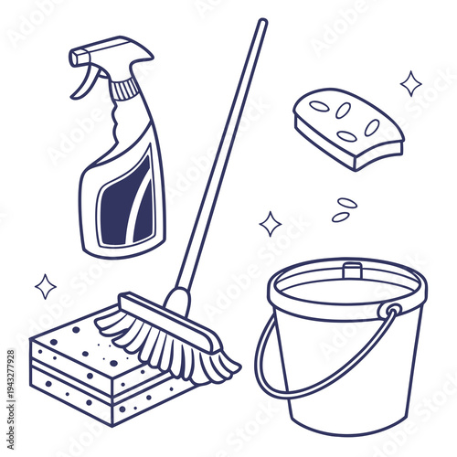 Various cleaning equipment arranged together like broom spray bottle bucket and sponges with sparkle icons for home cleanliness illustration