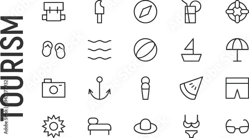 Tourism and travel icons set featuring vacation items like backpack, sunglasses, and beach essentials