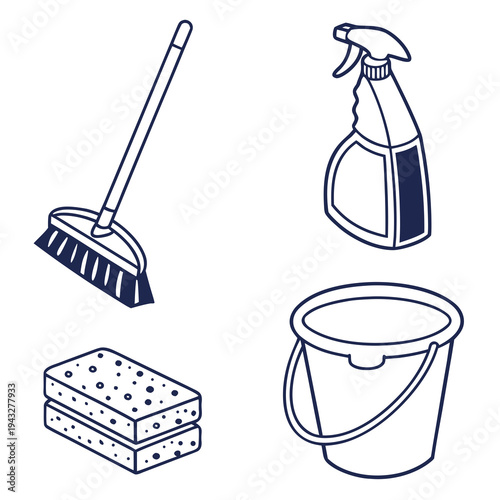Cleaning tools collection includes broom bottle spray bucket and sponges for domestic hygiene and housekeeping chores isolated on white
