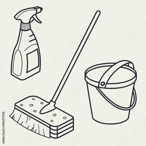Domestic cleaning equipment collection featuring spray bottle mop and plastic bucket line art drawing for housekeeping services and home hygiene care