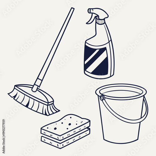 Outline drawing of cleaning items like broom spray bottle bucket and sponges on white background for house cleaning illustrations