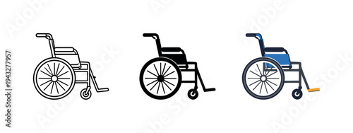 Three different styles of wheelchairs displayed side-by-side on a white background