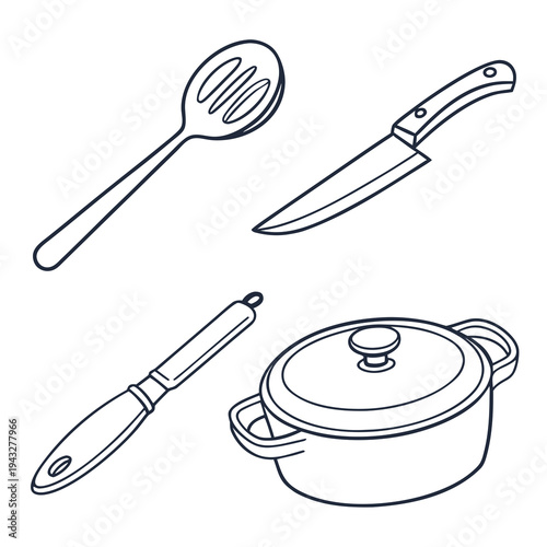 Set of kitchen utensils black outline sketch, cooking tools pan and knife, cooking food, preparation restaurant equipment and devices