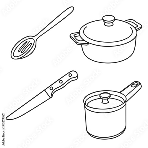 Set of kitchen utensils black outline sketch, cooking tools pan and knife, cooking food, preparation restaurant equipment and devices
