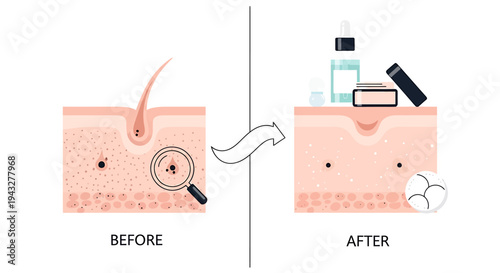Skin care treatment illustration showing before and after effect of product application