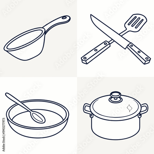 Set of kitchen utensils black outline sketch, cooking tools pan and knife, cooking food, preparation restaurant equipment and devices