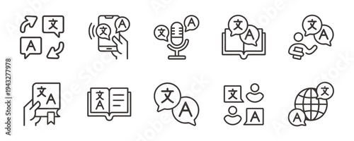 Translation and language learning icons with speech bubbles and books