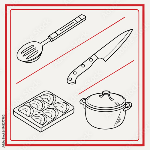 Kitchen utensils and cooking ingredients icons including skimmer knife pot and sliced onions in red frame border for culinary arts and recipe design