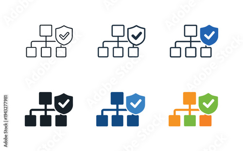 Corporate Compliance Icons. Regulatory compliance icon depicting an organizational chart with shield and checkmark, symbolizing
