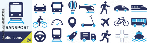 Transport solid icons collection, vector design with modern symbols for vehicles, travel, and logistics