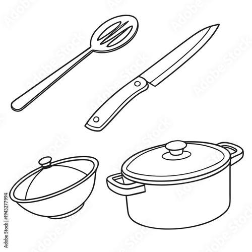Selection of kitchen tools including a spoon knife casserole dish and saucepan line drawings on a light background