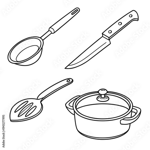 Group of kitchen items a serving spoon knife lidded pot and slotted spatula line art illustration on a pale background
