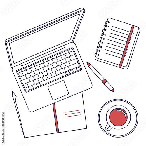 Top view flat lay of desk setup with open laptop, notebook, pen, and coffee cup, minimalist design with dark blue and red accents, for work and study, office supplies
