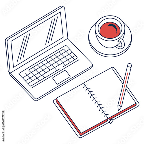 Isometric desk setup with open laptop, notebook, pen and cup of coffee, red accents on notebook and pen, for work and study, clean illustration, office supplies