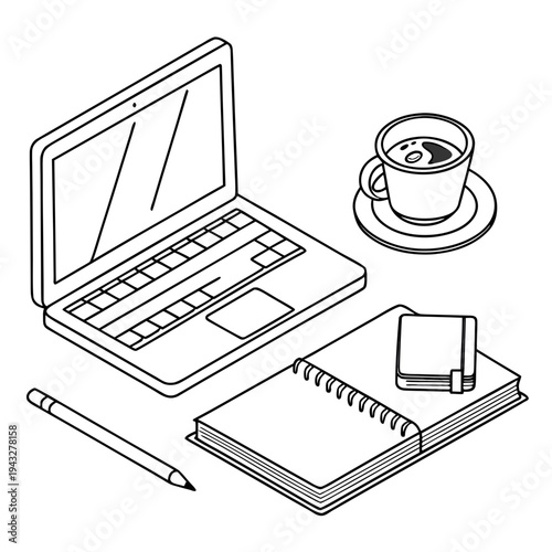 Isometric desk setup with open laptop computer, notebook, pen, and cup of coffee, top view and side view, clean illustration for work and study, office supplies