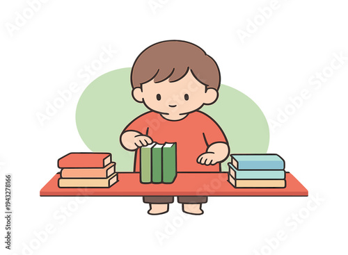 Calm child places books in order on a desk, colors grouped gently, movements slow and thoughtful. | books order, organizing books