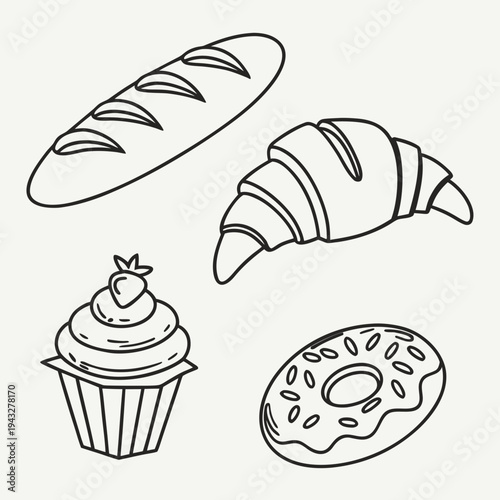 Assorted bakery items illustration with baguette croissant strawberry cupcake and chocolate sprinkle donut in minimalist outline style for signage