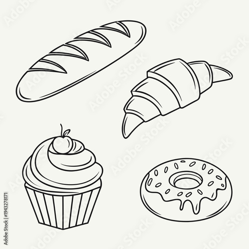 Bakery product line art collection featuring baguette croissant cupcake with cherry and glazed donut isolated on clean background for food design