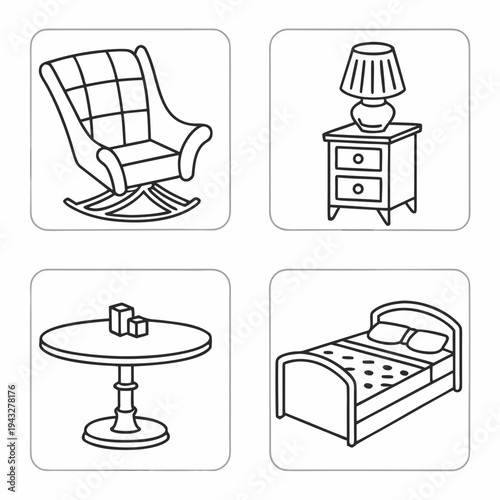 Home furniture line icons set featuring rocking chair bedside table with lamp round coffee table and comfortable double bed for interior catalogs