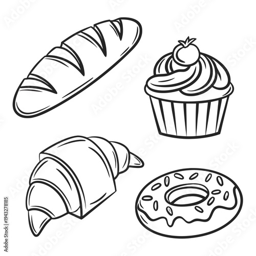 Bakery product hand drawn vector illustration set with french baguette croissant cupcake and donut for cafe and shop menu