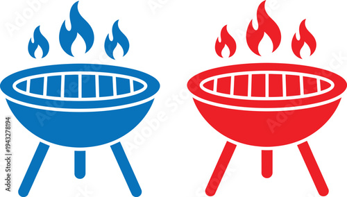 Two barbecue grills with flames on white background