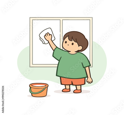 Quiet child cleans a window with a cloth, circular motions clear smudges, bucket nearby, light brightening room. | cleaning