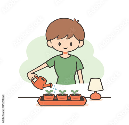 Inside child waters sprouts in small pots, can tilted gently, tiny leaves fresh, tray on table, light calm nearby. | watering