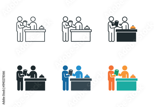 Reception check-in icon featuring a desk with a standing person holding a clipboard or key, symbolizing guest arrival,