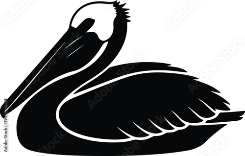 Silhouette profile of a resting pelican bird for nature icons vector design