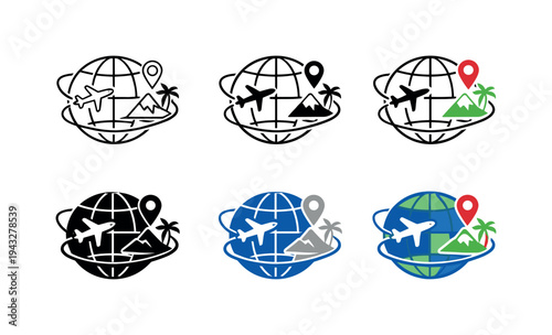 International adventure icon showing a globe encircled by flight paths, an airplane, and travel markers that suggest immersive