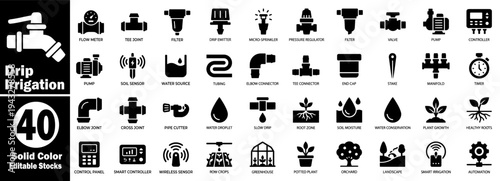 Smart watering and garden irrigation technology vector icon set.