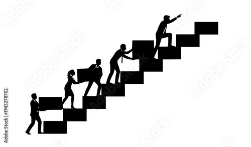 Team of business people building stairs together to reach high levels of success and growth