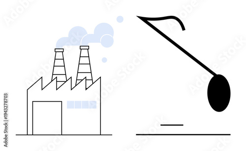 Environmental awareness, pollution, industrialization, sustainability, ecological balance, clean energy. A factory emitting smoke is paired with a visual element of imbalance. Environmental awareness