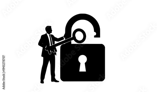 Businessman unlocking large padlock with giant key representing solution and success