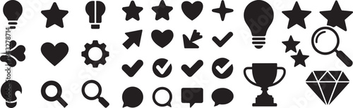 A diverse assortment of universal black glyph icons representing common concepts and actions
