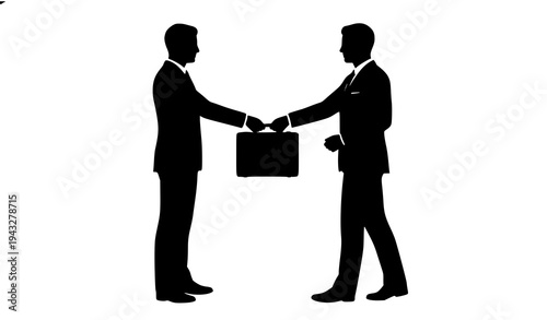 Two business men silhouettes exchanging briefcase representing deal and transaction