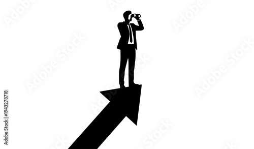 Businessman silhouette standing on rising arrow using binoculars for future vision