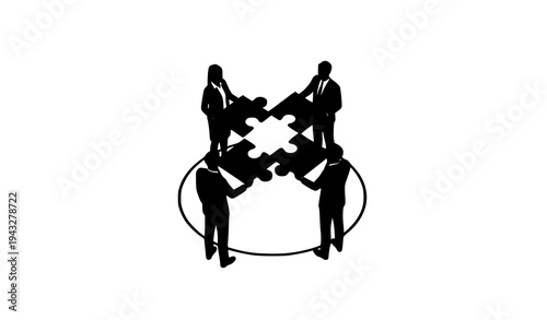 Business team silhouettes connecting puzzle pieces for collaborative problem solving