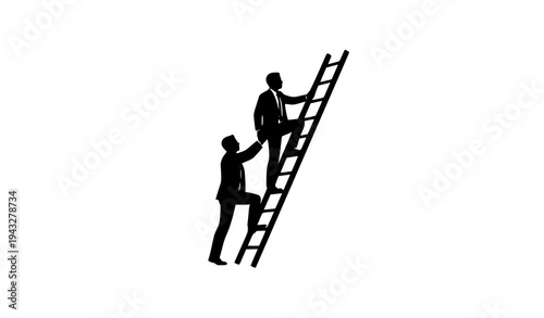 Two businessmen climbing ladder together, symbolizing teamwork, ambition, and progress in corporate world