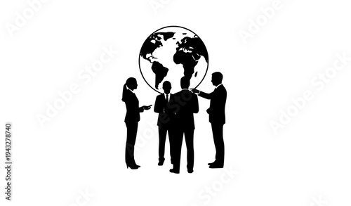Group of business professionals gathered around globe, symbolizing global business, international collaboration, and worldwide reach