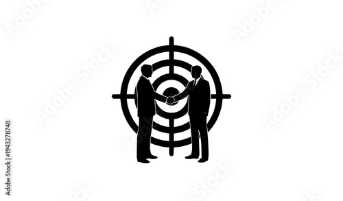 Two businessmen shaking hands in front of target, symbolizing business agreement, shared goals, and successful partnership