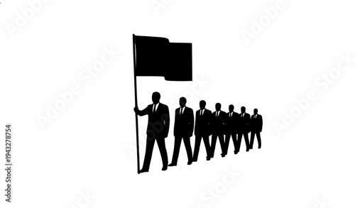 Leader holding flag followed by line of businessmen, symbolizing leadership, team guidance, and marching toward common objective