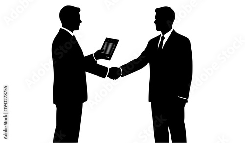 Two businessmen shaking hands over agreement document with serious expressions on white background