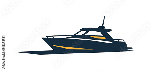 Sleek dark blue motor yacht with yellow accents on a white background