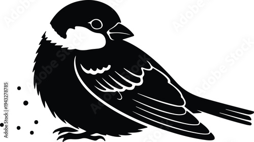 Silhouette small bird eating seeds black and white graphic vector design